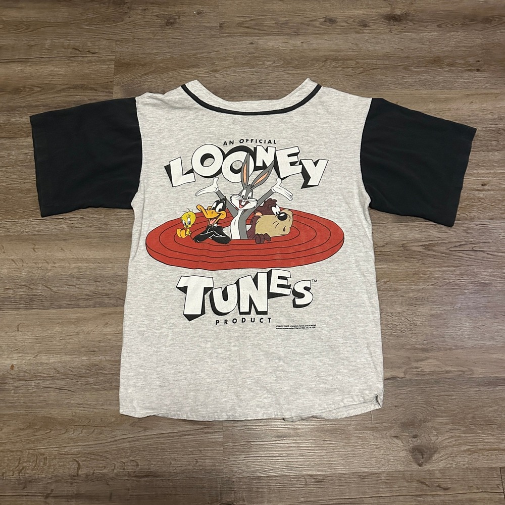 Vintage 1993 Looney Tunes Baseball Jersey Shirt Sun Sportswear Gray Mens Medium